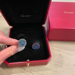 Never worn DOUBLE C DE CARTIER CUFFLINKS WITH STAMP MOTIF IN SILVER AND BLUE